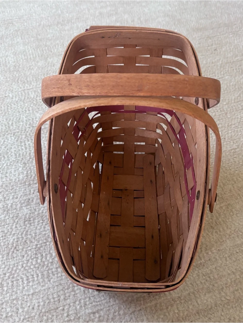 Longaberger 1991 Natural Wood Basket with Raspberry Accent